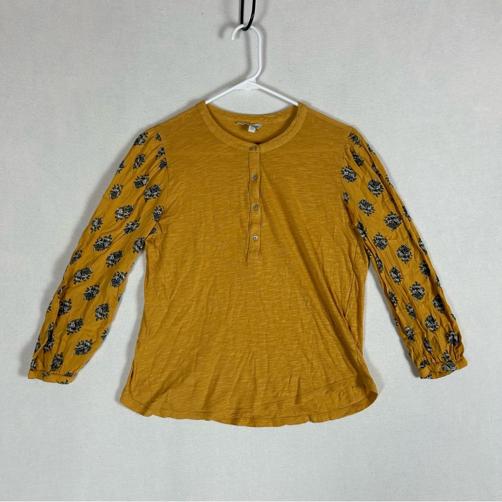 Lucky Brand Boho Peasant Top Women’s M Yellow Floral Balloon Sleeve Half Button